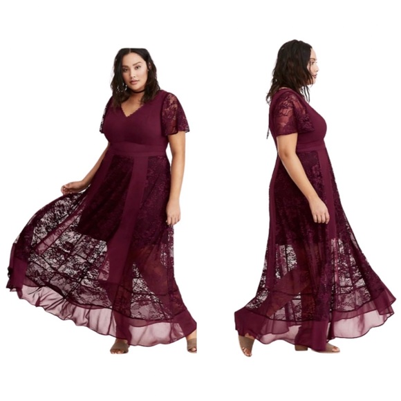 torrid Dresses & Skirts - Torrid Insider Collection Burgundy Lace Chiffon V-Neck Maxi Dress 18 B21